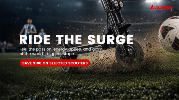 Kaabo electric scooter on a stadium pitch with a soccer ball and the Ride the Surge World Cup campaign banner
