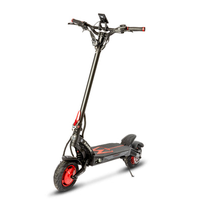 Side profile view of a Kaabo Mantis King GT electric scooter, showcasing its sleek design with red accents on the wheels and matte black body.