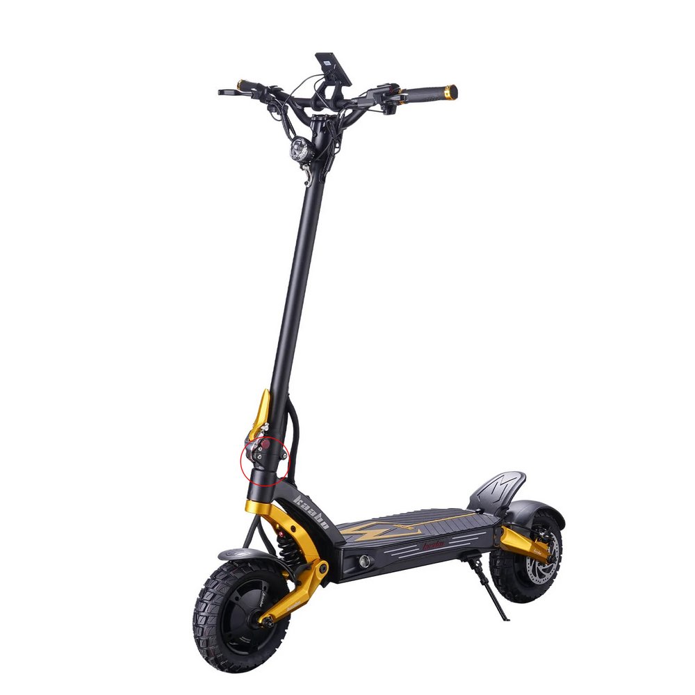 Kaabo Mantis King GT electric scooter steering column base showing the black metal construction and mounting points for handlebars.