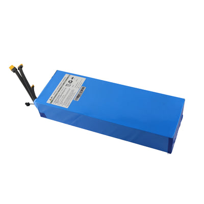 Kaabo 48V 13Ah dual-drive electric scooter battery, wrapped in blue casing with connector cables and barcode label, for long-range performance and reliability.