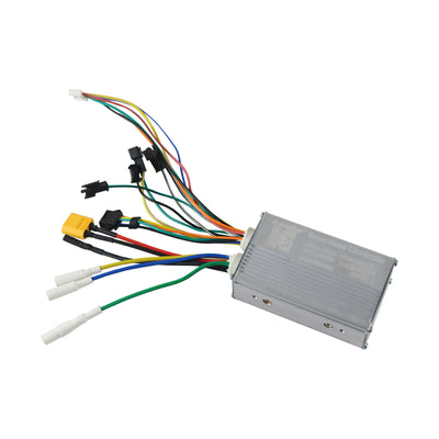 Main controller unit for Kaabo Mantis 8 electric scooter, showcasing a brushed metal enclosure with an array of multi-colored connecting wires for efficient power and operation management.