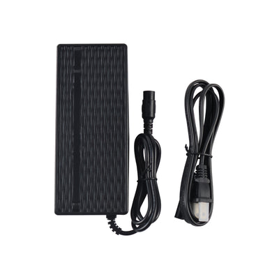 Kaabo Mantis 8 electric scooter charger with a 54.6V 2A specification, featuring a sleek black design, including power cable and connector, isolated on a white background.
