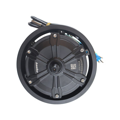 Electric motor wheel of Kaabo Mantis 10 Lite scooter, featuring a black hub with visible wiring and mounting points.
