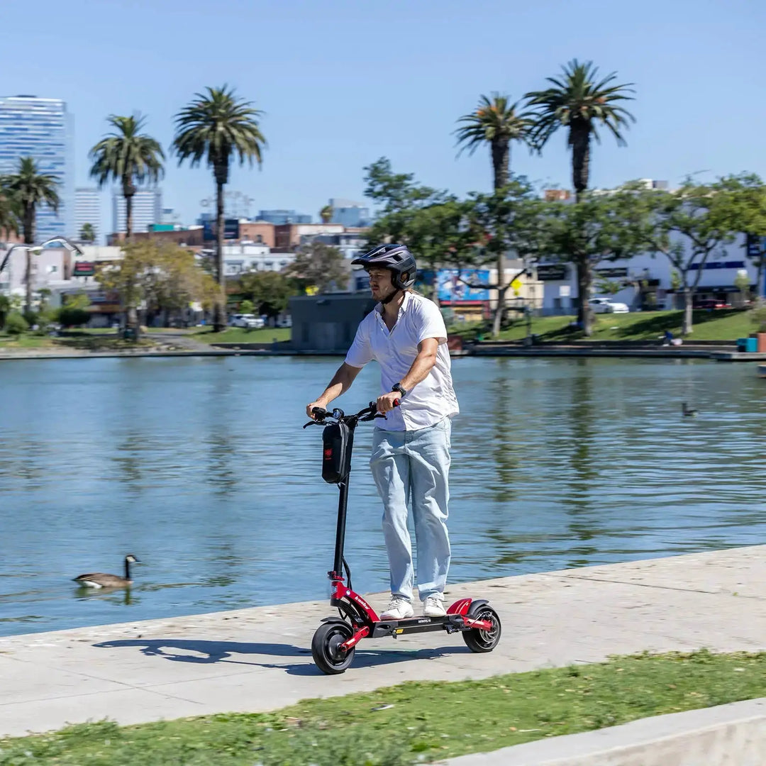 Person riding a Kaabo electric scooter by a waterfront with palm trees and buildings in the background.