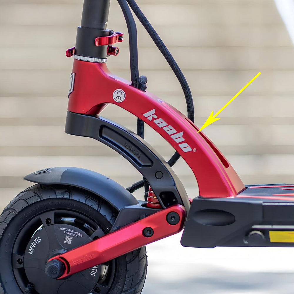 Front view of the Kaabo USA Mantis 10 Lite electric scooter's front frame, showing the sturdy construction and design details.