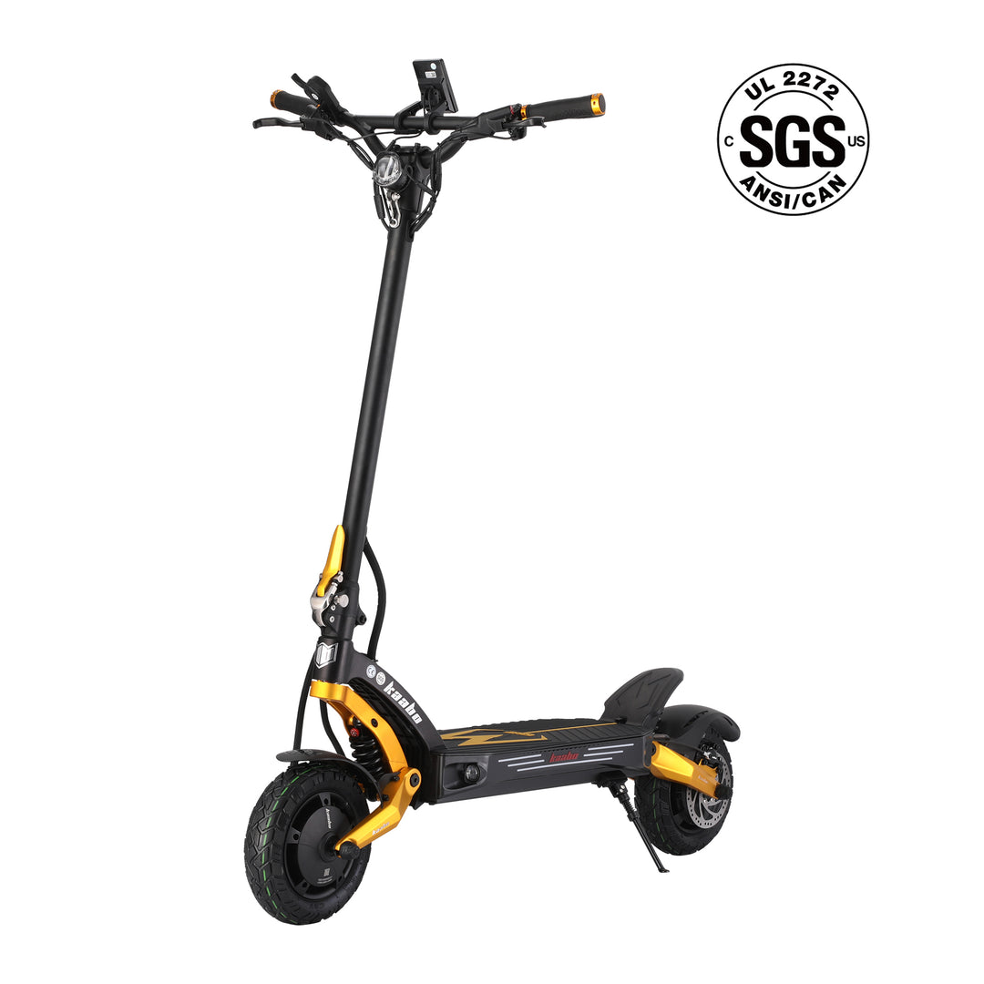 Gold Kaabo Mantis King GT electric scooter shown from a full side view, highlighting its sleek design and sturdy build.