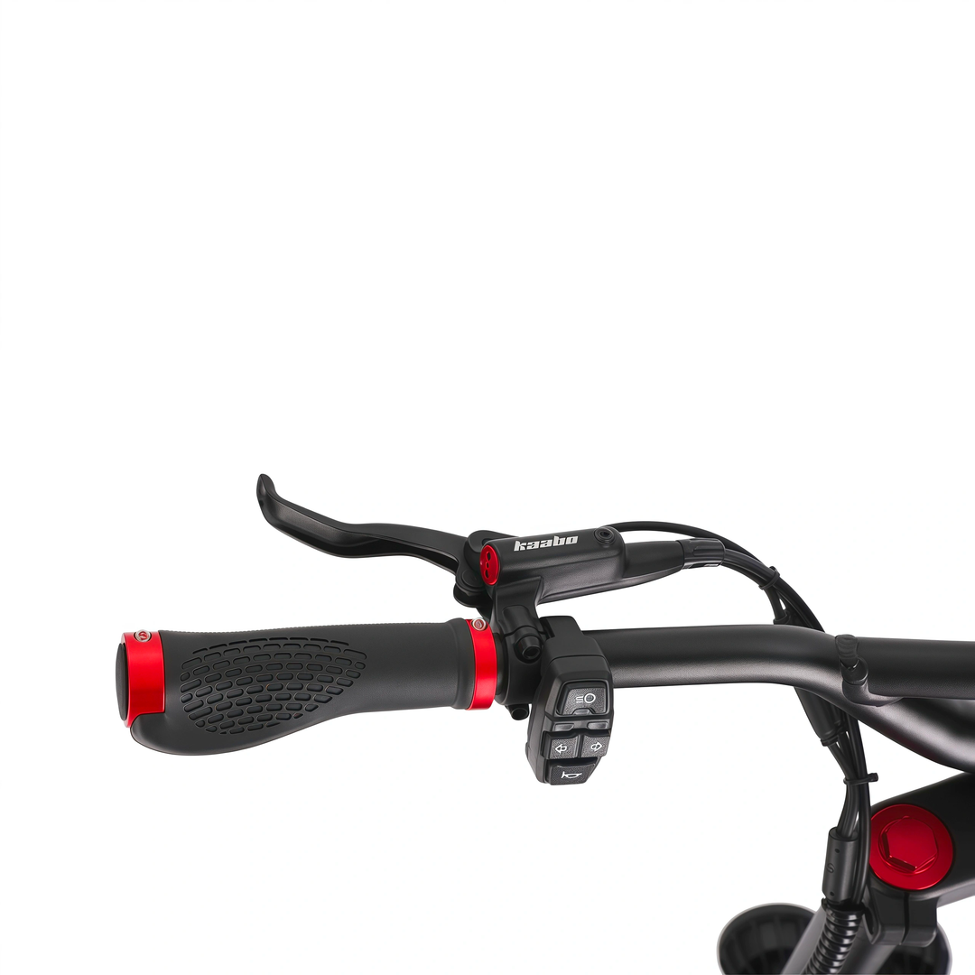 Kaabo King GT Pro electric scooter handlebar close-up showing brake lever, grip, and control switch buttons