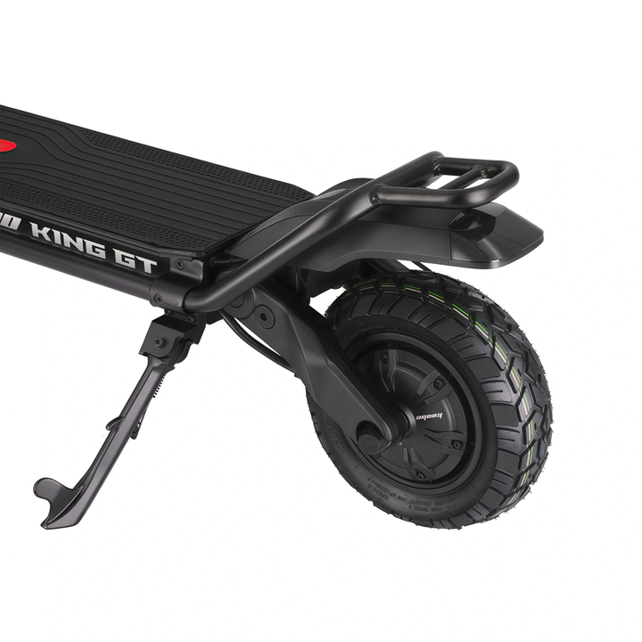 Kaabo King GT Pro electric scooter rear wheel close-up showing motor, suspension, and kickstand