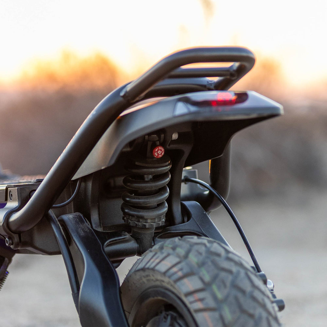 Kaabo King GTR rear suspension and shock system on a dual suspension electric scooter for adults