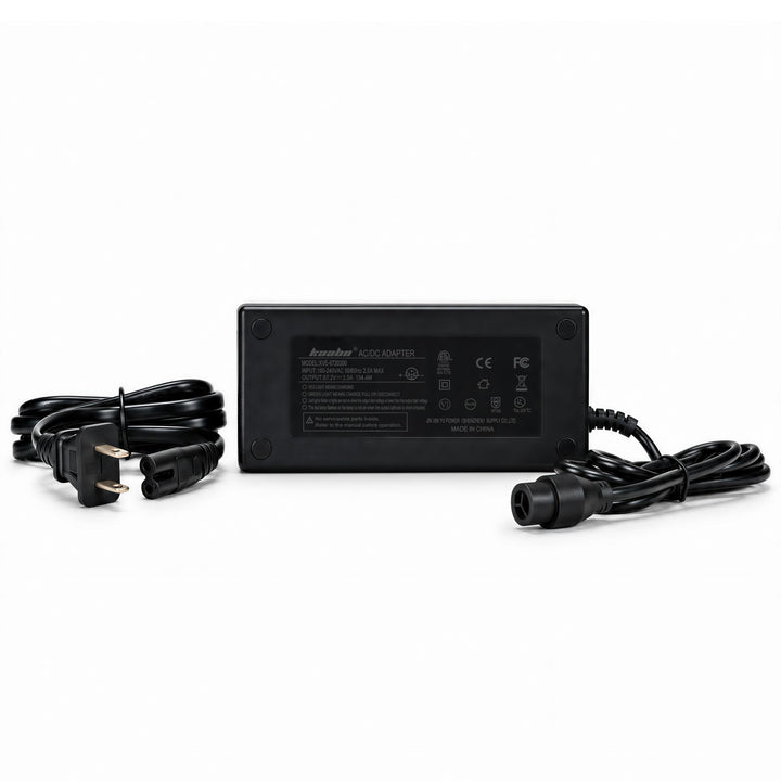 Front view of Kaabo Mantis King GT 2026 charger with power cord and waterproof connector