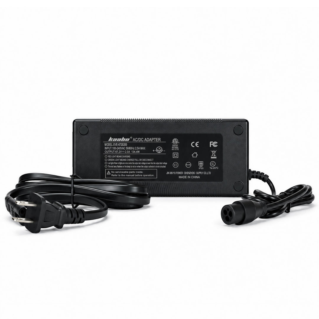 Kaabo Mantis King GT 2026 67.2V 2A charger with waterproof connector and US power cord