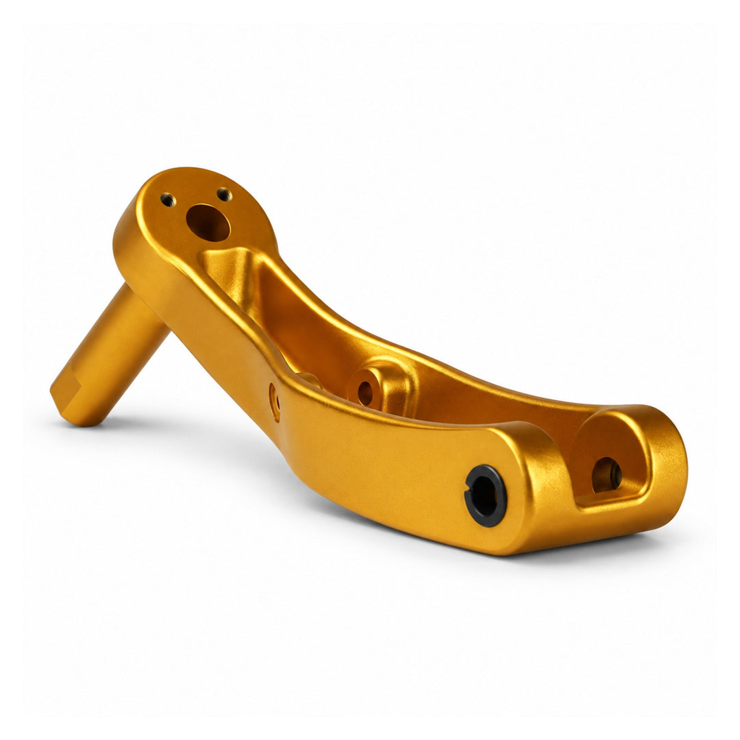 Kaabo Mantis King GT gold steering arm, angled view showing mounting holes