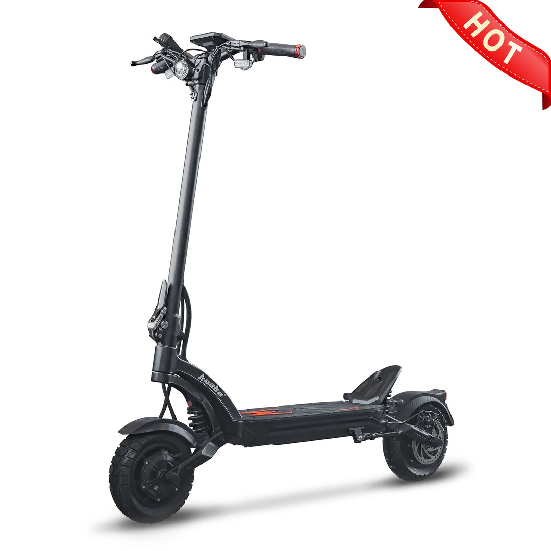 "Kaabo Mantis X Plus electric scooter, featuring a black frame with a robust dual-wheel design. It has a wide deck and dual front lights. The handlebars are equipped with control buttons, and the overall design is sleek and powerful, suitable for high-performance outdoor riding."