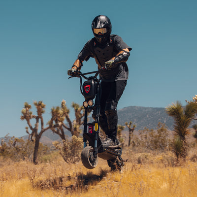 Rider performing an off-road maneuver on a Kaabo electric scooter amidst a desert landscape, demonstrating the scooter's rugged capabilities.