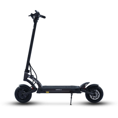 Full side view of the black Kaabo USA Mantis 10 Lite Electric Scooter, showcasing its sleek design and dual motors.