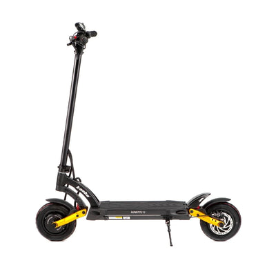 Profile view of the Kaabo USA Mantis 10 Lite Electric Scooter with distinctive yellow accents on wheels and suspension