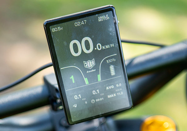 Close-up of the TFT display on the Kaabo Wolf King GT Pro scooter showing speed and battery status