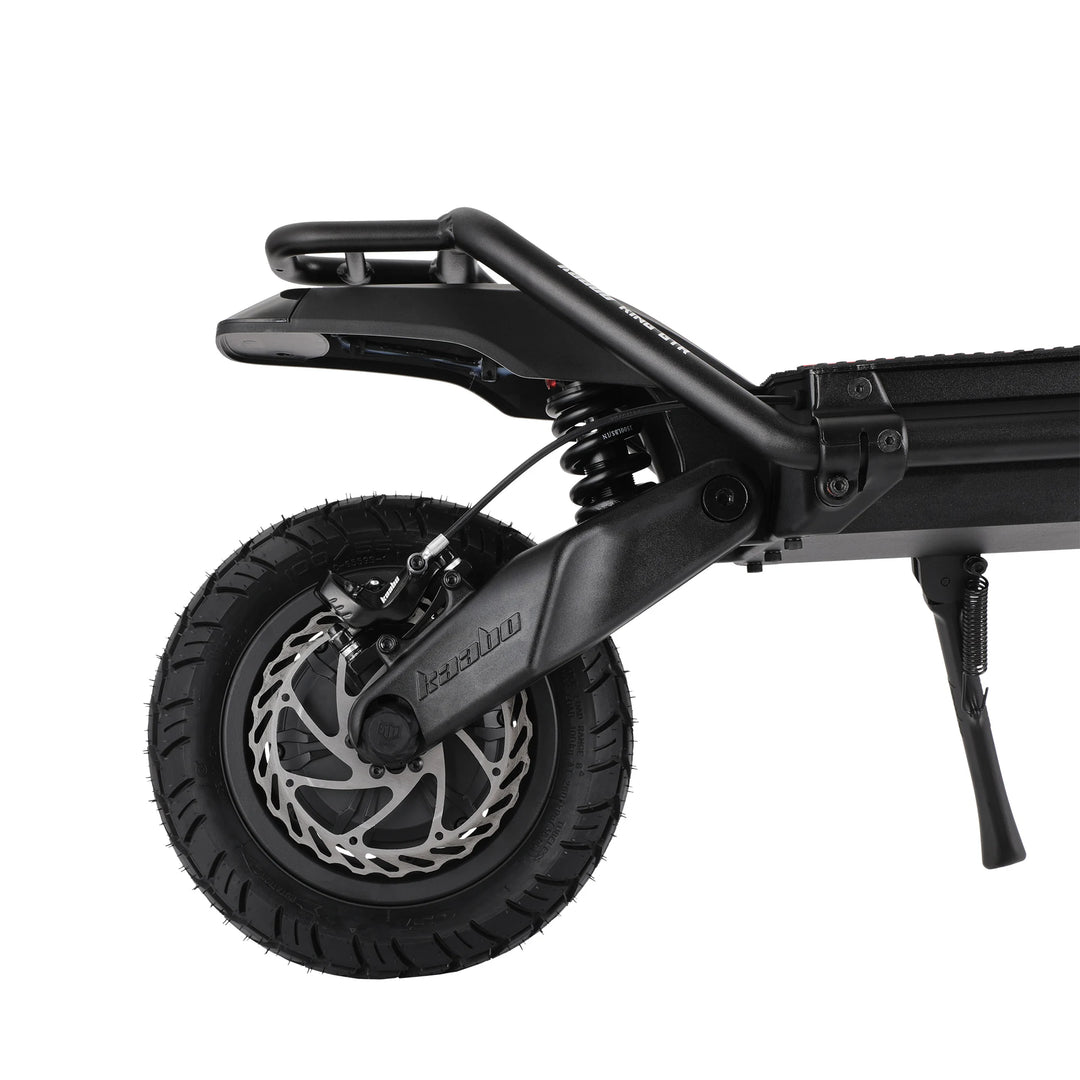 Rear hydraulic disc brake and suspension on Kaabo Wolf King GTR Max dual motor performance electric scooter