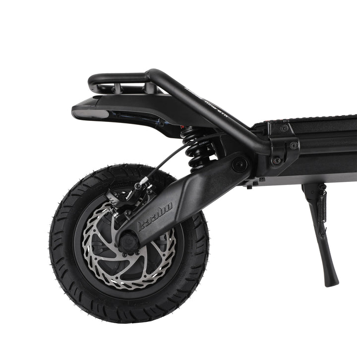 Rear hydraulic disc brake and suspension on Kaabo Wolf King GTR Max dual motor performance electric scooter