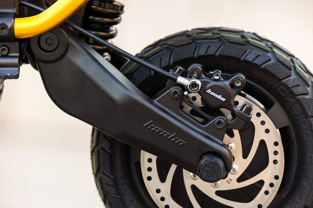 Close-up of the hydraulic disc brake on the Kaabo Wolf Warrior X Max dual motor electric scooter
