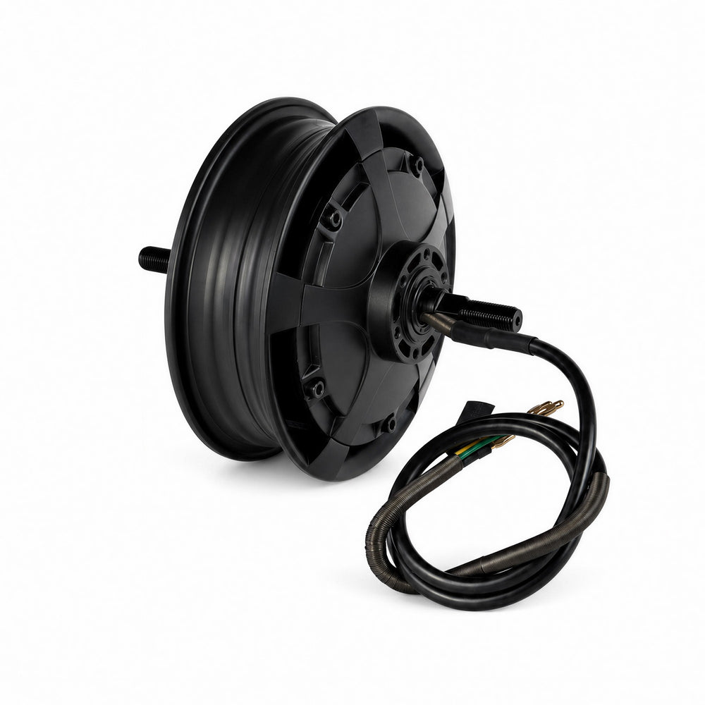 Side view of the Kaabo Wolf Warrior X Max electric scooter hub motor with axle and wiring cable.